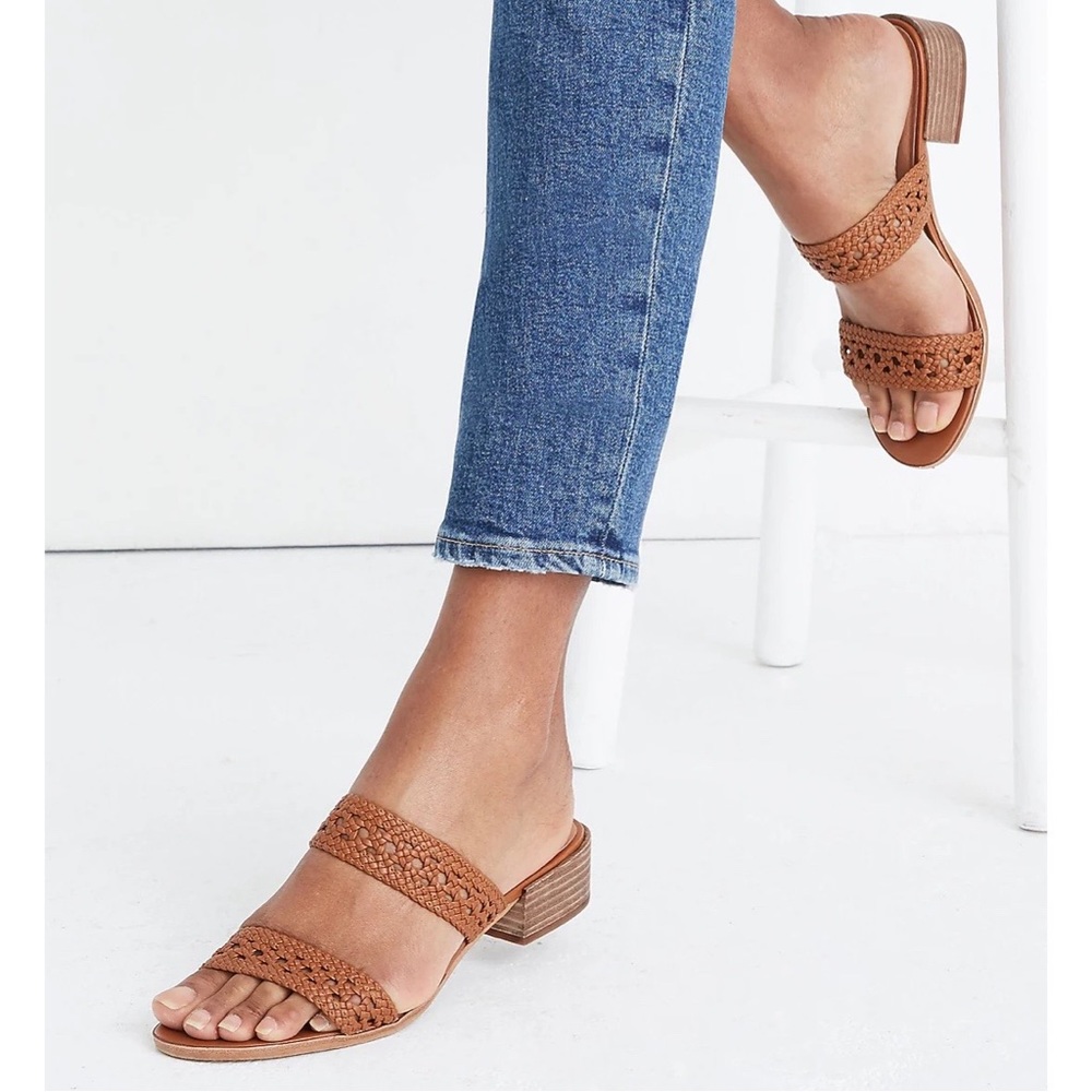 Madewell Woven Double-Strap Slide Sandals in Cognac Brown